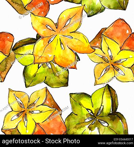 Exotic carambola healthy food in a watercolor style pattern. Full name of the fruit: carambola. Aquarelle wild fruit for background, texture
