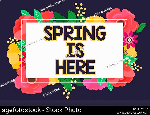 Writing displaying text Spring Is Here, Business overview After winter season has arrived Enjoy nature flowers sun Lady in suit holding pen symbolizing...