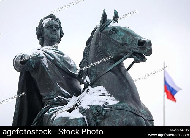 RUSSIA, ST PETERSBURG - OCTOBER 28, 2023: A view of the Bronze Horseman, an equestrian statue of Peter the Great, on Senate Square
