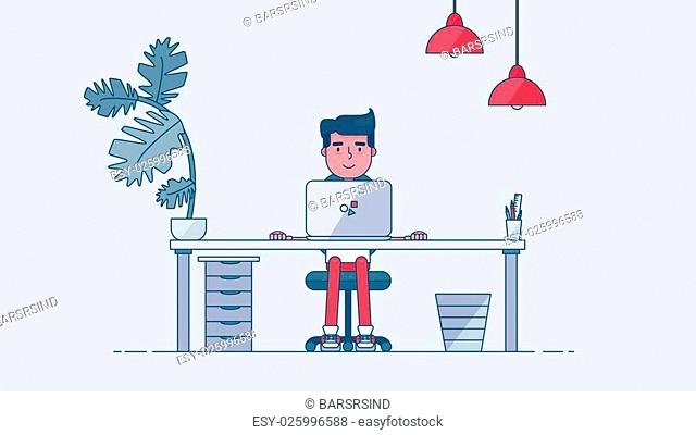 Workspace of Professional Working Developer, Programmer, System Administrator or Designer with desk, chair, notebook Business project or startup concept