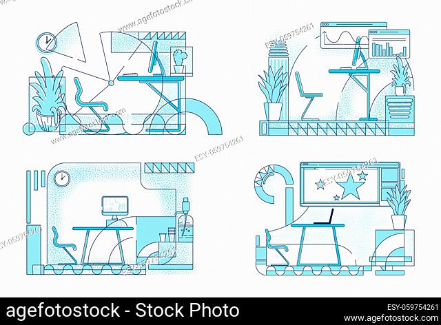 Modern office interior designs outline vector illustrations set. Business center rooms contour compositions on white background