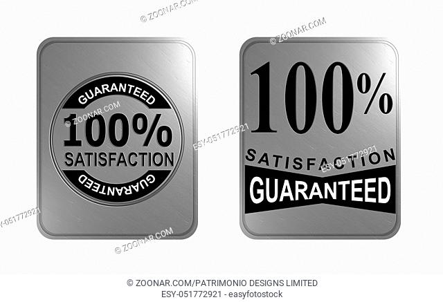 Illustration of a silver square metal seal with words 100% Satisfaction Guaranteed done in retro style