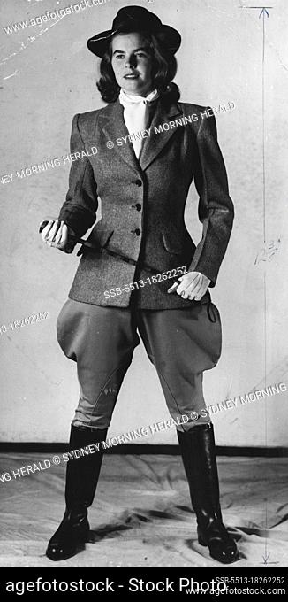 The Australian 'look' - in riding clothes. Semi-formal, but neat, smart and comfortable. From her head-fitting felt hat to her highly-polished boots