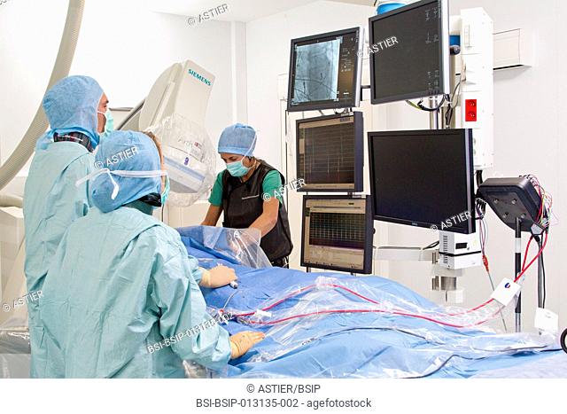 Cardiology department of Saint-Philibert hospital GHICL in Lille, France. Electrophysiology operating theatre. Radiofrequency ablation for an irregular heart...