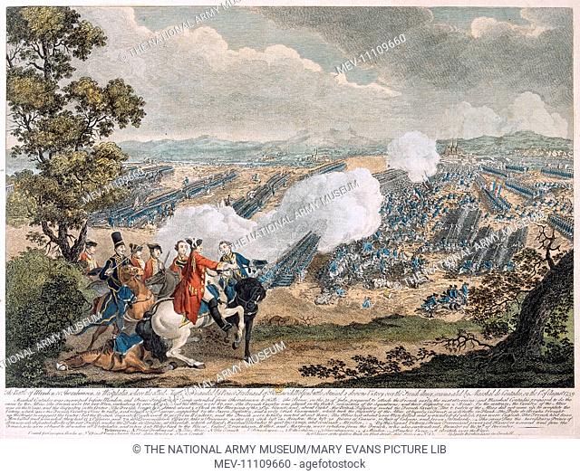 The Battle of Minden, 1 August 1759. Tinted line engraving, artist unknown, published by Carrington Bowles, 1759 (c). 'The battle of Minden or Thornhausen where...