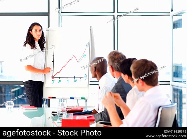 Businessswoman reporting to sales figures in a meeting