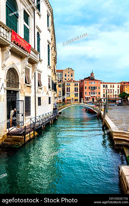 Venice, Italy - OCT 01, 2018: Wonderful corner of Venice with a canal and old houses