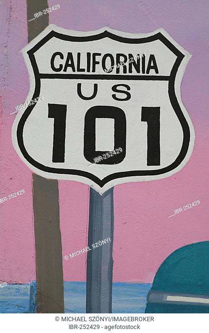 Wall painting, historic highway 101 Cafe, California, USA
