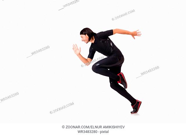 Young man doing exercises isolated on white