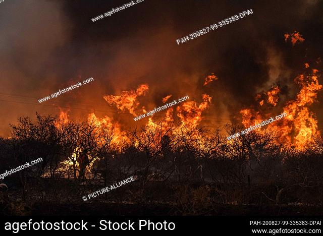 23 August 2020, Argentina, Cordoba: A unit of the fire brigade fights against the flames. Over 175, 000 hectares are ablaze in flames nationwide