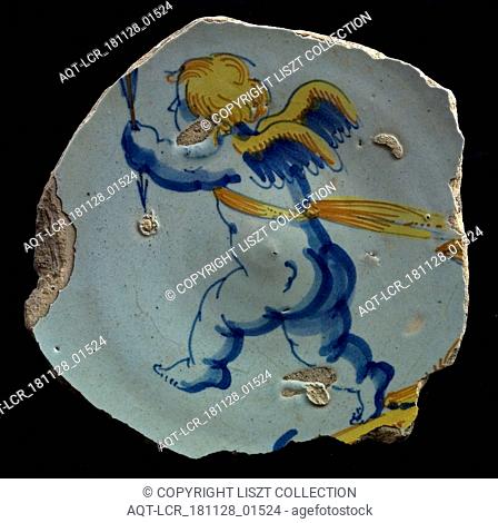 Fragment of the majolica dish, polychrome, plump Amor or Cupid with an arrow in his hand, plate dish crockery holder soil find ceramics pottery glaze