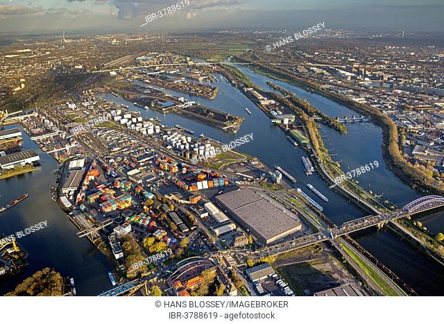 Aerial view, bridge construction at the Rhenus Partnerschaft, Vinckeufer shore, Port of Duisburg, Duisport, Ruhr River, Homberg-Ruhrort-Baerl, Duisburg