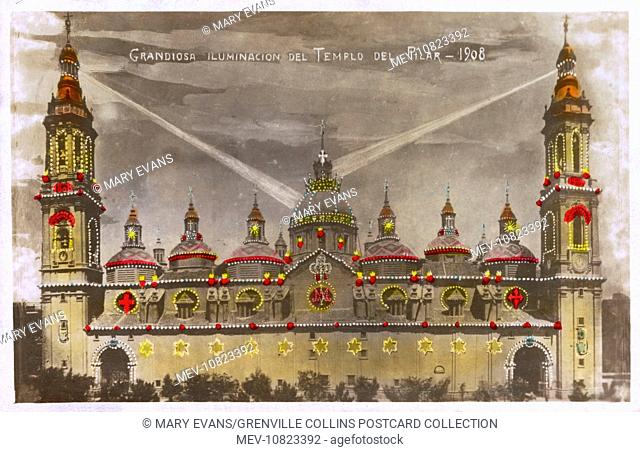 Illuminations light up the 17th century Templo del Pilar, Calanda (a town in the province of Teruel, in Aragon, Spain)