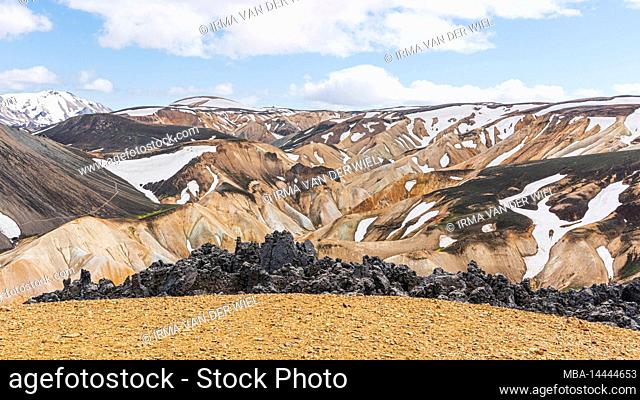 Laugavegur hiking trail is the most famous multi-day trekking tour in Iceland. Landscape photo from the area around Landmannalaugar