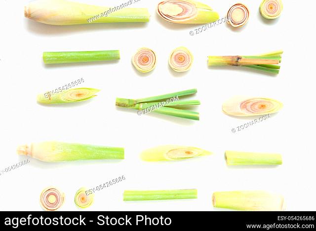 Fresh green lemongrass slices isolated on white background
