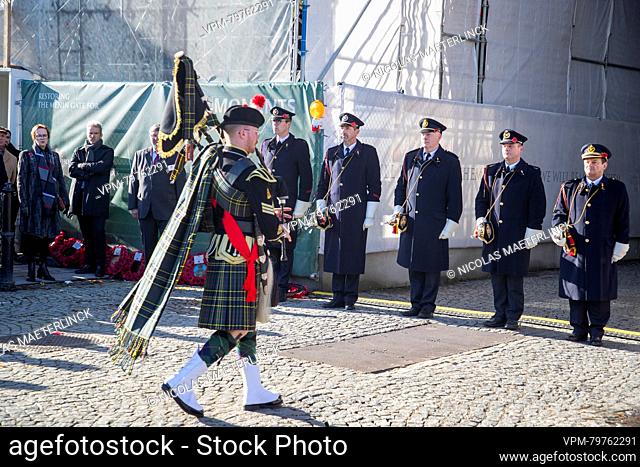 A bagpipe player in traditional Scottish attire pictured during the World War I commemorations in Ypres - Ieper, Saturday 11 November 2023