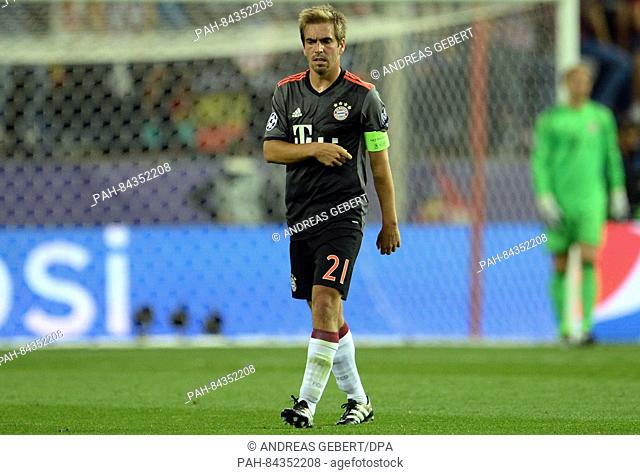 Munich's Philipp Lahm reacting during the Champions League Group D soccer match between Atletico Madrid and Bayern Munich at the Vicente Calderon stadium in...