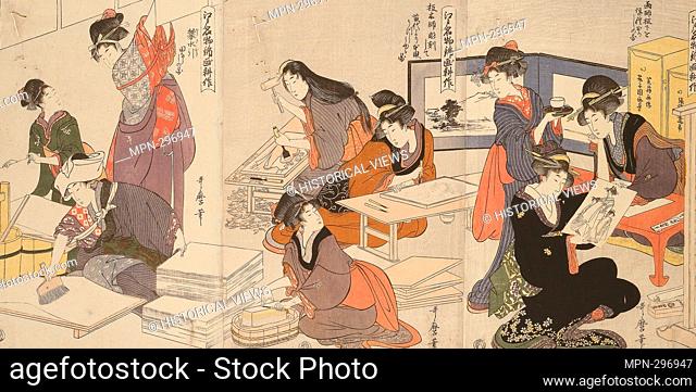 Author: Kitagawa Utamaro. Artist, Block Carver, Applying Sizing (Eshi, hangashi, dosa-biki), from the series The Cultivation of Brocade Prints