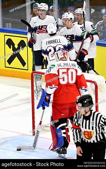 Karson Kuhlman of USA (2nd right) celebrates goal during the 2022 IIHF Ice Hockey World Championship bronze medal match between Czech Republic and USA, Tampere