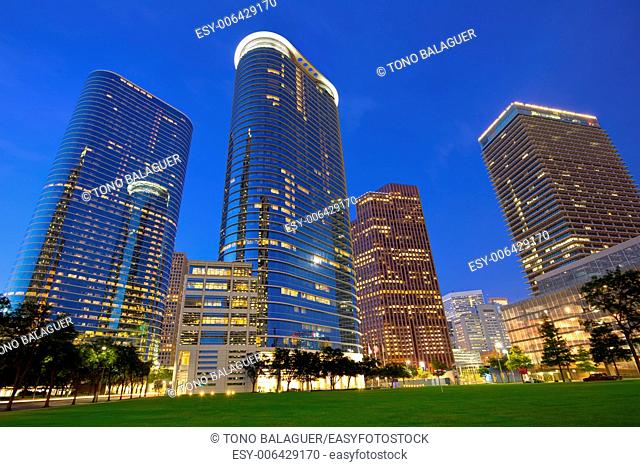 Houston Downtown skyline sunset modern skyscrapers at Texas US USA