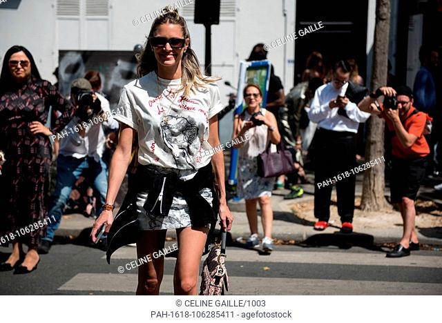 Helena Bordon posing on the street before the Dior runway show during Haute-Couture Fashion Week in Paris - Jul 2, 2018 - Photo: Runway Manhattan/Celine Gaille...