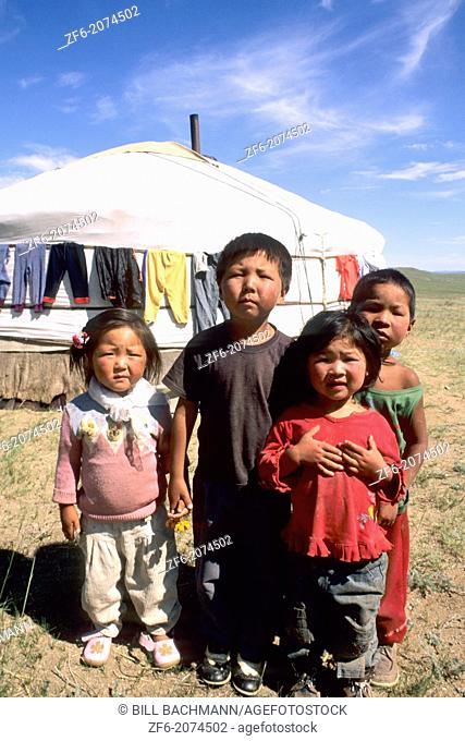 Mongolian Children by Ger in the Nomadic Country of Mongolia