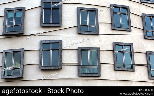 Facade with windows, Dancing House, Tancící dum office building, architect Vlado Milunic and Frank Gehry, Deconstructivism, Prague, Bohemia, Czech Republic