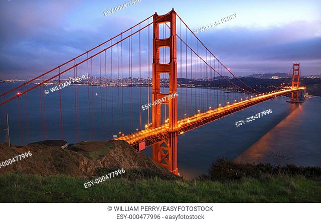 Golden Gate Bridge Headlands Evening with Lights San Francisco California