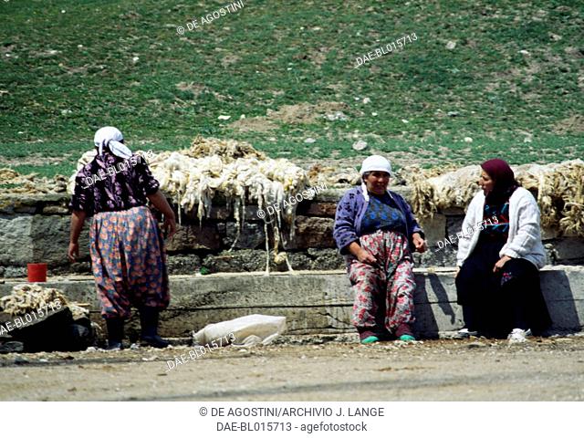 Women washing wool in a tank close to Alacahoyuk, Turkey