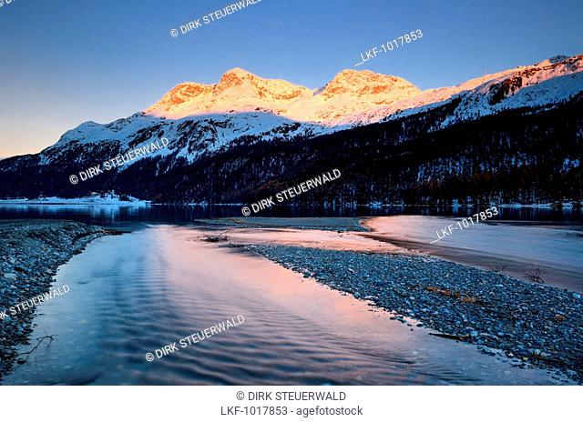 Piz San Gian, Piz Surlej and Munt Arlas above Lake Silvaplana, Engadin, Grisons, Switzerland