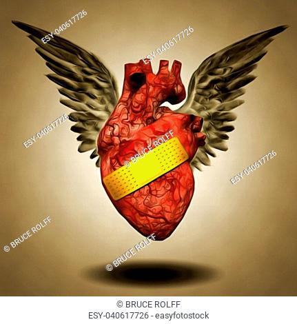 Surrealism. Winged human heart with patch