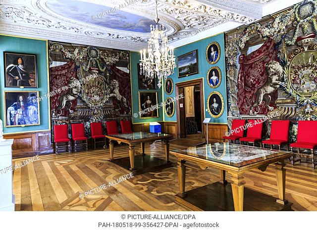 17 May 2018, Germany, Gotha: Tapestry adorn the ducal antechamber inside the North wing of Friedenstein Palace. Friedenstein Palace is one of the best preserved...