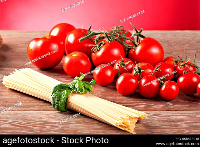 Ingredients for spaghetti with tomato sauce. Typical Italian dish. High quality photo
