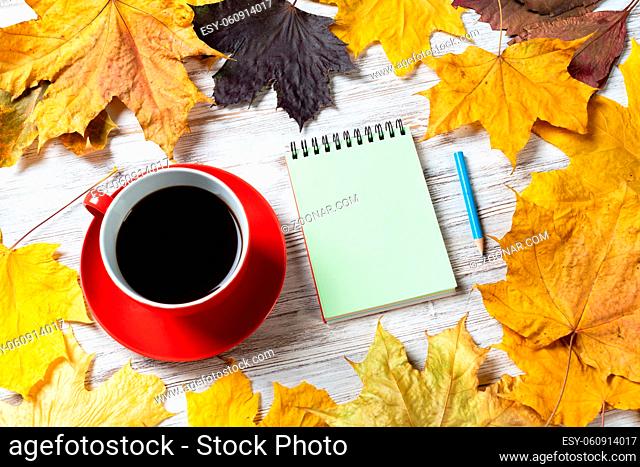 Flat lay autumn composition with cup of black tea and yellow autumn leaves. Time of tea break concept. Still life of hot drink and notepad with pen lies on...
