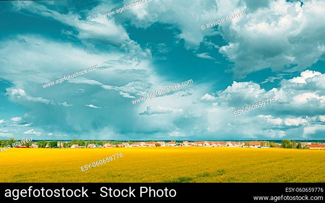 Sky With Rain Clouds On Horizon Above Rural Landscape Canola Colza Rapeseed Field. Small Village Spring Field. , , . , , drone 4K