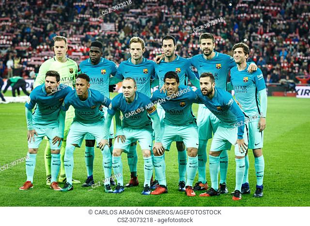 Barcelona players pose for the press in the eighth-finals Spanish Cup match between Athletic Bilbao and FC Barcelona, celebrated on January 05, 2017 in Bilbao
