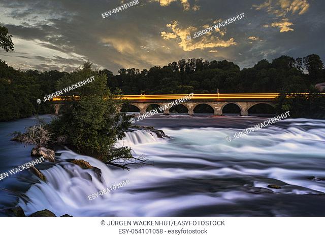 Landscape at the Rhine Falls with railway viaduct, Neuhausen am Rheinfall, Canton Schaffhausen, Switzerland, Europe
