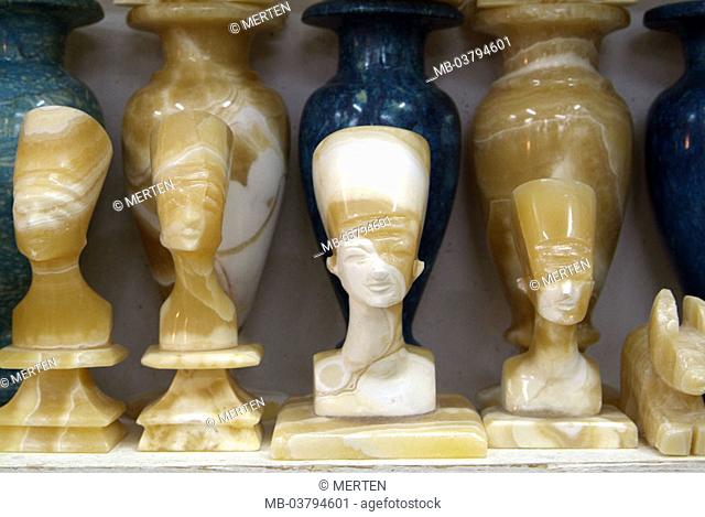Egypt, Luxor, Theben-West, Qurna,  Souvenir sale, detail,  Africa, head Egypt, economy, business, souvenir shop, sale, souvenirs, busts, vases, alabaster