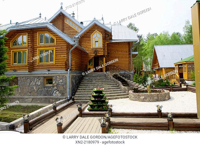 Small hotel with log construction on the shores of Lake Baikal, Listvyanka, Irkutsk Oblast, Siberia, Russia