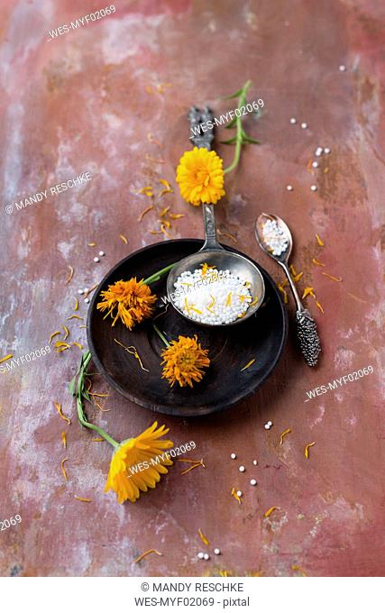 Dried marigold blossoms and globules