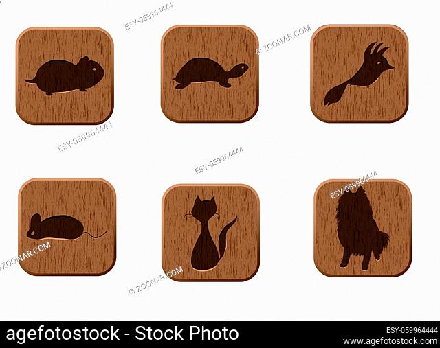 Pet shop wooden icons set with pets silhouettes. vector illustration eps8