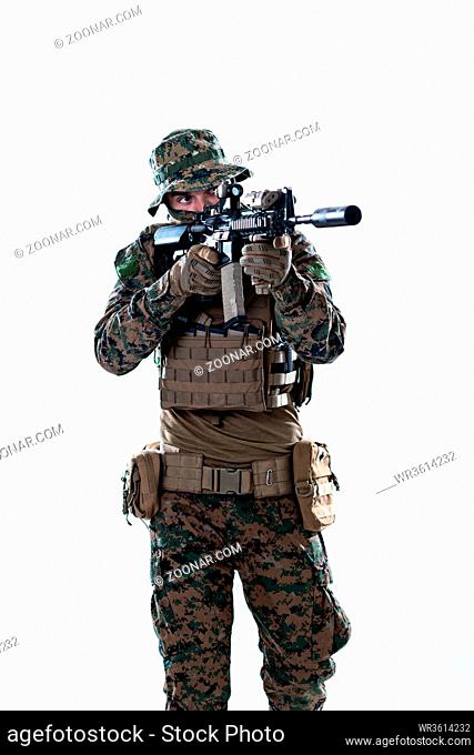 modern warfare american marines soldier in action while sneaking and aiming on laseer sight optics in combat position and searching for target in battle