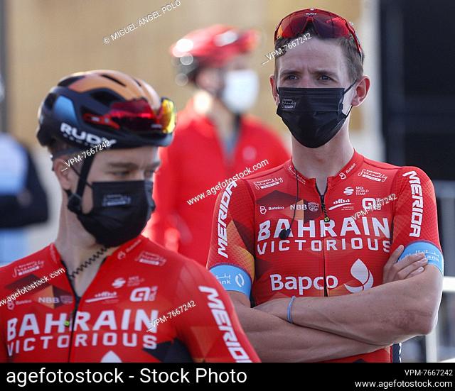 Belgian Dylan Teuns of Bahrain Victorious (R) at the start of stage two of the 'Volta a la Comunitat Valenciana' Tour of Valencia cycling race in Spain