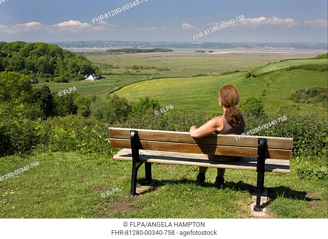 Woman sitting on bench overlooking coastline, Llanmadoc, Llanridian Sands, Burry Port, Gower Peninsula, Glamorgan, Wales, june