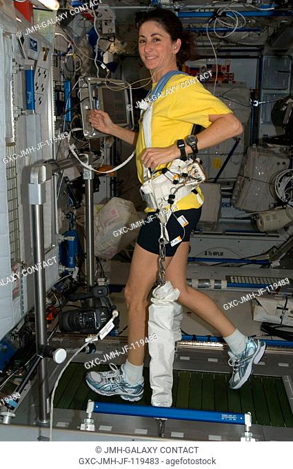 NASA astronaut Nicole Stott, Expedition 21 flight engineer, equipped with a bungee harness, exercises on the Combined Operational Load Bearing External...