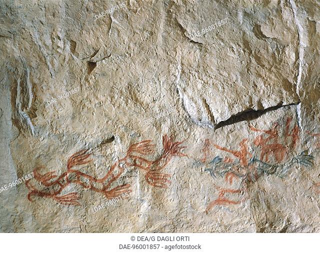 Prehistory, Mexico. Rock painting depicting a hunting scene: hunters chasing a giant snake. From El Zamorano.  Queretaro, Museo Regional De Queretaro