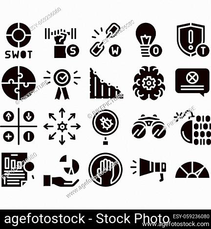 Swot Analysis Strategy Glyph Set Vector Thin Line. Swot Infographics And Broken Chain, Lightbulb, Shield And Brain With Gear Glyph Pictograms Black...