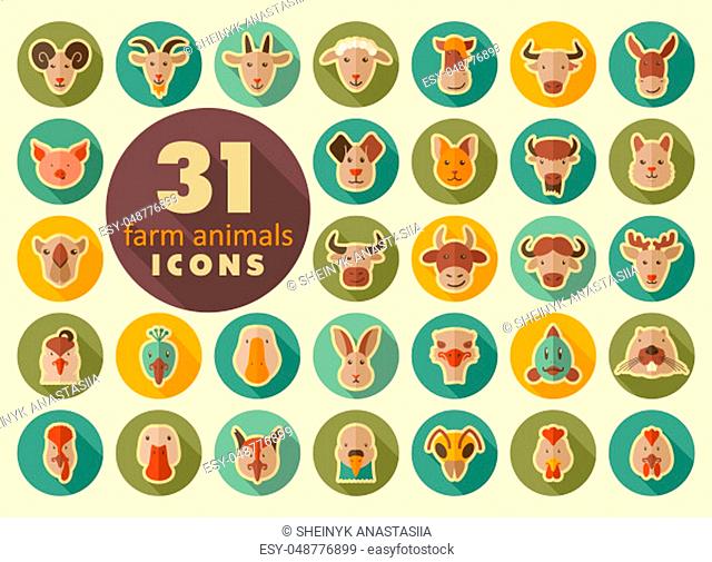 Set of farm animals retro flat icons. Vector head illustration. eps 10