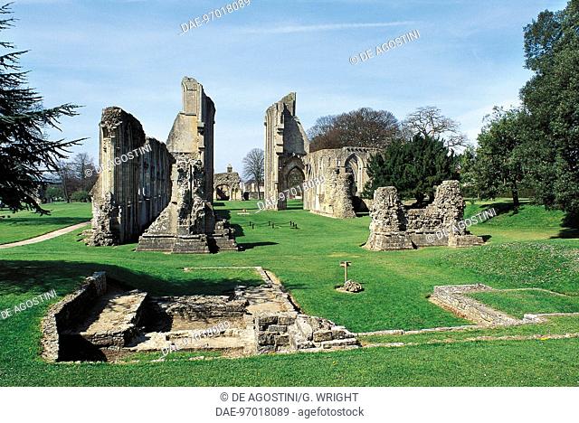 The ruins of Glastonbury abbey, founded in 712, England, United Kingdom
