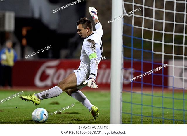 Moldovan goalkeeper Radu Mitu receives a goal during the match of European Football Championship under-21 qualifier: Czech Republic vs Moldova in Znojmo